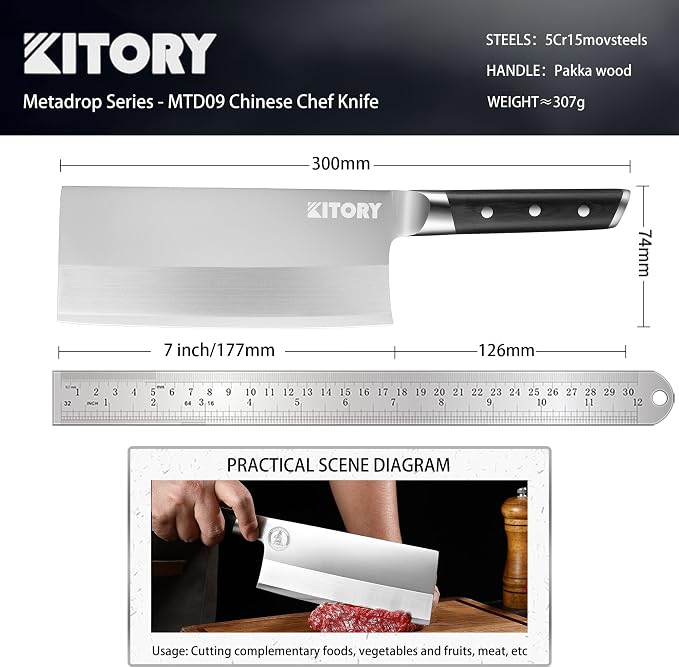 Kitory Cleaver 7", Lite Chinese Chef`s kitchen knife, for unfrozen meat and vegetable, pakkawood handle with super sharp 50Cr16MoV German Stainless steel blade, gift box