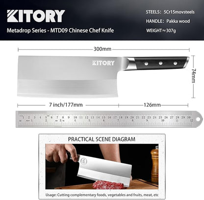 Kitory Cleaver 7", Lite Chinese Chef`s kitchen knife, for unfrozen meat and vegetable, pakkawood handle with super sharp 50Cr16MoV German Stainless steel blade, gift box