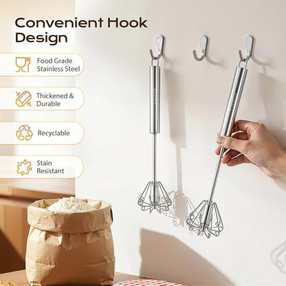 Upgraded Stainless Steel Semi-Automatic Whisk, Easy Push Hand Whisks for Eggs, Cream, Coffee & Light Mixing, Easy Clean Kitchen Whisk for Everyday Cooking (10+12in)