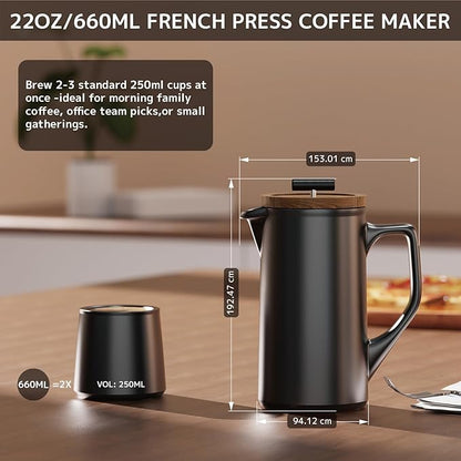 Ceramic French Press Coffee Maker, 22oz Single Serve Coffee Press with Walnut Wood Lid, Lead-Free, Food Grade Stainless Steel Filter with Dual Screen for Coffee and Loose Tea, Black