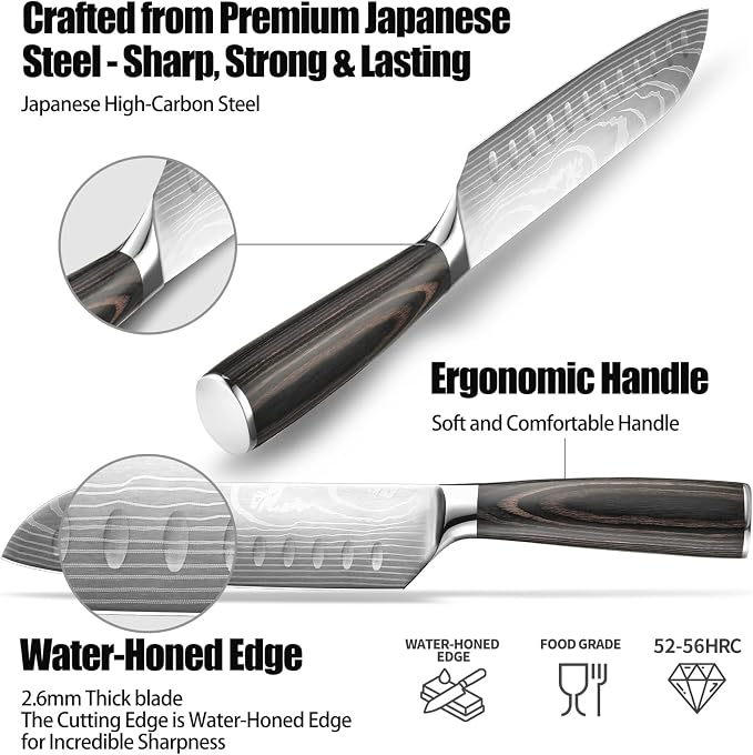 Santoku Knife 7 Inch - Ultra Sharp Japanese Steel Kitchen Knife, All-Purpose Chef Knife with Ergonomic Handle, Perfect for Slicing, Dicing, and Chopping, Luxury Gift Box Included