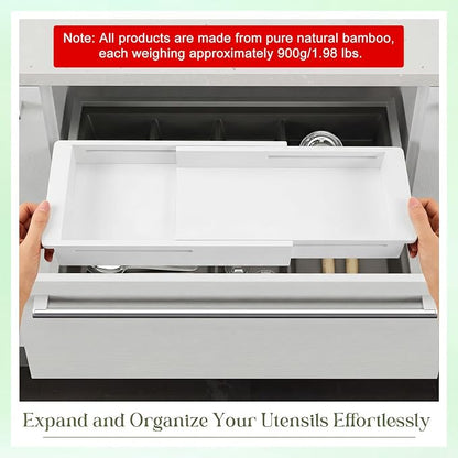 LemonRoad 1 Pcs Sliding Drawer Organizer 12.4-17.7 Inch Bin Bamboo Drawer Expandable Bins Utensil Organizer for Kitchen Spoons Forks Knives (White)