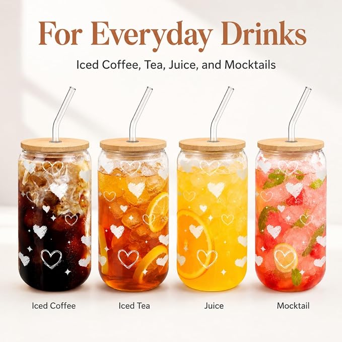 Glass Cups with Lids and Straws with Heart Design, 4 Pack 16 oz Cute Glass Iced Coffee Cups for Friends, Couples, Tea and Juice