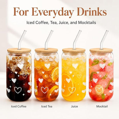 Glass Cups with Lids and Straws with Heart Design, 4 Pack 16 oz Cute Glass Iced Coffee Cups for Friends, Couples, Tea and Juice