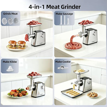 FIMEI Meat Grinder, Stainless Steel Food Processor & Sausage Stuffer, 4-in-1 Heavy Duty Meat Mincer with 2 Blades, 3 Plates, Kibbe Kit And Cookie Maker, for Home Kitchen & Ground Beef