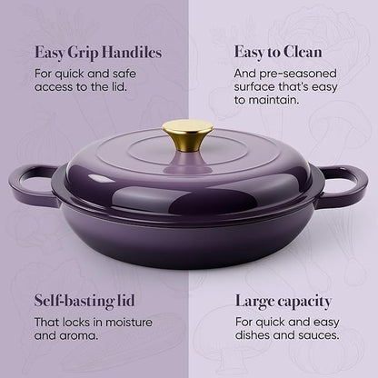 3 Quart Enameled Cast Iron Braiser, Non Stick Enameled Cast Iron Skillet with Lid, Dutch Oven Skillet with lid up to 500°F for Oven, Stove, Grill, Shallow Dutch Oven for Cook, Bake (Purple)