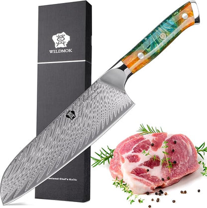 WILDMOK Santoku Knife 7 Inch kitchen knife, Ultra Sharp with Japanese Damascus Forged Santoku Knife, Ergonomic Resin Handle, cooking gifts with gift box