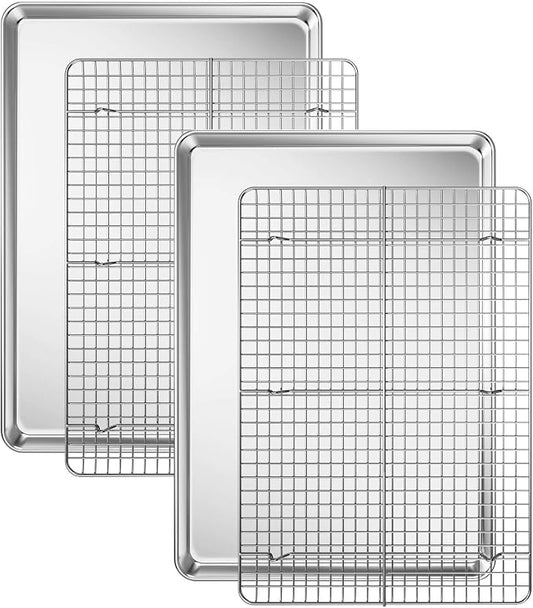 Baking Sheet with Cooling Rack Set [2 Sheets + 2 Racks], Deedro Stainless Steel Cookie Half Sheets Baking Pan Oven Tray with Rack, 17.3 x 12.3 x 1 Inch, Heavy Duty, Non-toxic, Dishwasher Safe