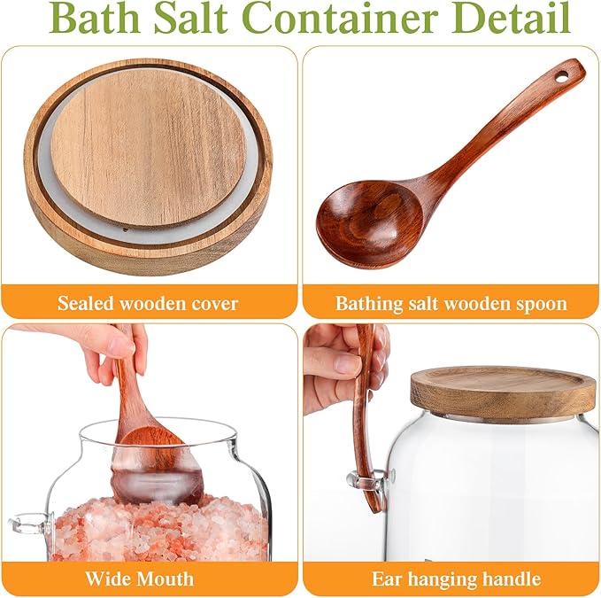 SiliFine 1 Piece 94 oz Bath Salts Glass Jar with Wooden Lid, Bath Salt Container with Scoop, Airtight Storage Bathtub Accessories for Women