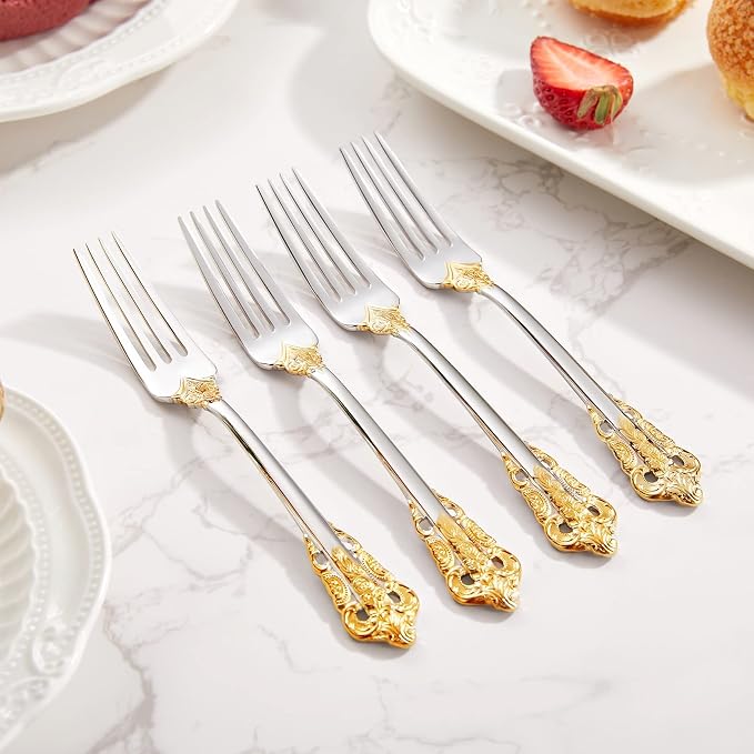 KEAWELL Luxury 5.9" Appetizer Forks, 18/10 Stainless Steel, Set of 4, Gorgeous Cocktail Forks/Dessert Forks (Gold Accent)