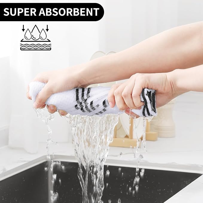Homaxy Kitchen Towels and Dishcloths Set, 12 x 12 and 13 x 28 Inches, Set of 8 Premium Cotton Waffle Weave Kitchen Towels, Super Soft and Absorbent Dish Cloths, White & Black Stripes