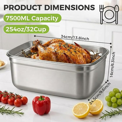 Stainless Steel Food Storage Container – 7500 ML / 254 oz / 32 Cup Large Airtight Meal Prep Container for Roasting Turkey, Chicken, Casserole, Fruits & Parties