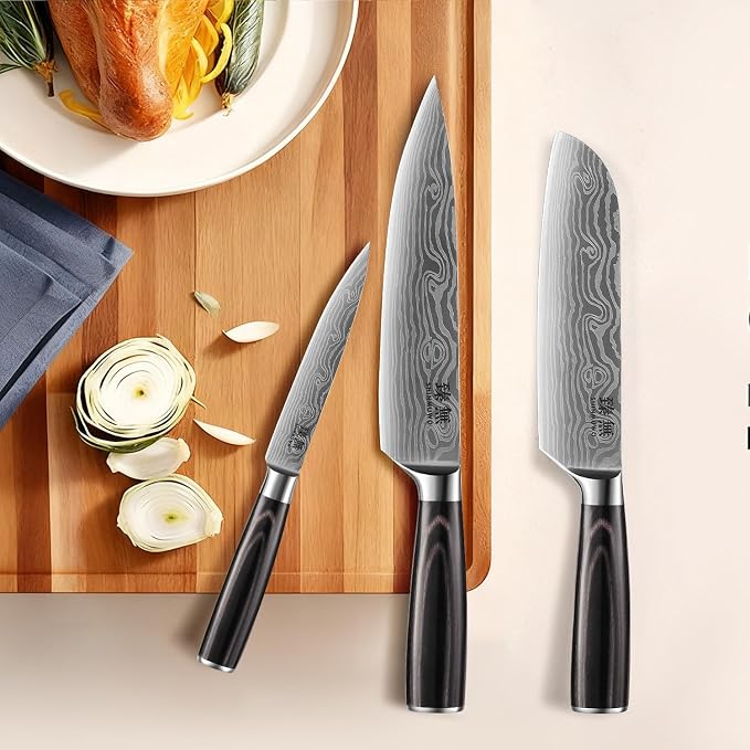3-Piece Kitchen Knife Set, High Carbon Stainless Steel Blades with Wave Pattern, Ergonomic Pakkawood Handle - Includes 8" Chef, 7" Santoku & 5" Utility Knives
