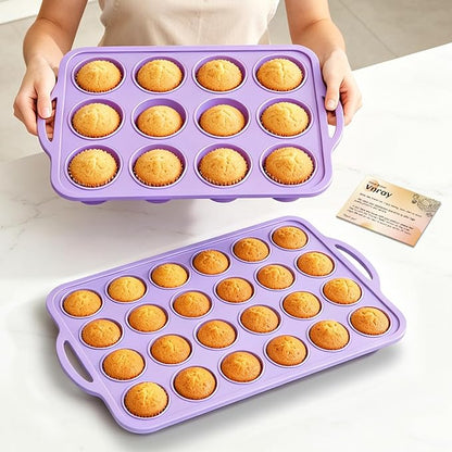 2 Pack Silicone Muffin Pan 12 and 24 Cup with Metal Frame, Non Stick Silicone Mini Cupcake Pan with Handles, BPA Free Silicon Regular Muffin Tin Tray Small for baking, egg bites, Mold Purple