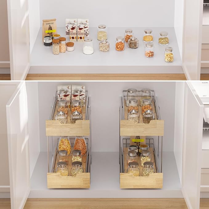 Sikarou Pull Out Cabinet Organizer,Heavy-Duty Slide Out Shelf, Wood and Wire Basket, Pull Out Drawer for for Kitchen Under Sink Space, Pantry, Bathroom, 2 Tie 9 * 21 in