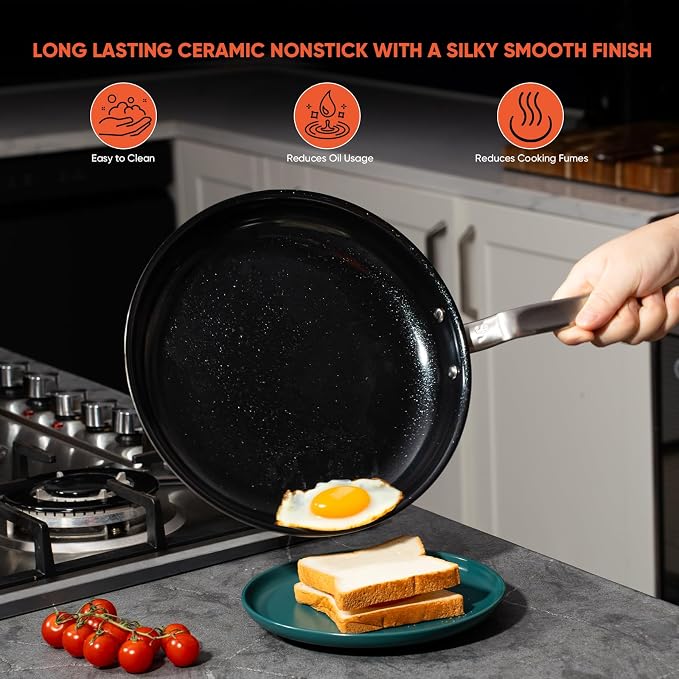 5 Ply Ceramic Non Stick Frying Pans - 12 Inch Stainless Clad Nonstick Skillet, Non-Toxic PTFE PFOA & PFAS Free, Induction Ready Oven Safe up to 650°F, Professional Even Heating Cookware