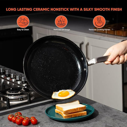 5 Ply Ceramic Non Stick Frying Pans - 12 Inch Stainless Clad Nonstick Skillet, Non-Toxic PTFE PFOA & PFAS Free, Induction Ready Oven Safe up to 650°F, Professional Even Heating Cookware