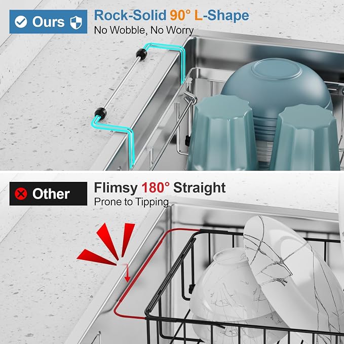 GSlife Dish Drying Rack Over the Sink - Expandable Stainless Steel Dish Drainer for Small Kitchen Apartment, Space Saving Sink Rack with Secure Lock Knob and Utensil Holder, Silver