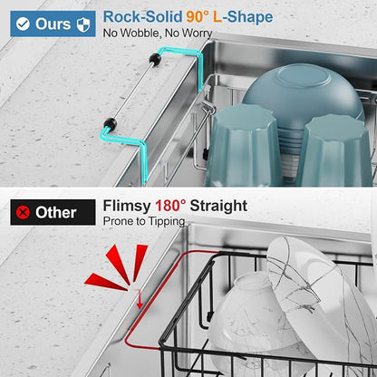 GSlife Dish Drying Rack Over the Sink - Expandable Stainless Steel Dish Drainer for Small Kitchen Apartment, Space Saving Sink Rack with Secure Lock Knob and Utensil Holder, Silver