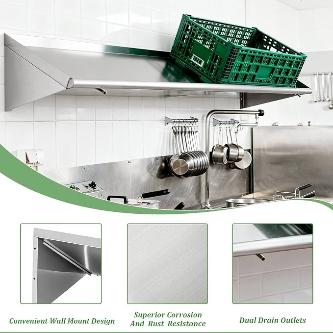 63" x 22.5" Stainless Steel Wall Mounted Dish Drying Slanted Rack with Drain Outlet for Peg Dish Rack Commercial Shelves Metal Shelving for Kitchen Bar Restaurant