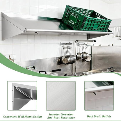 63" x 22.5" Stainless Steel Wall Mounted Dish Drying Slanted Rack with Drain Outlet for Peg Dish Rack Commercial Shelves Metal Shelving for Kitchen Bar Restaurant