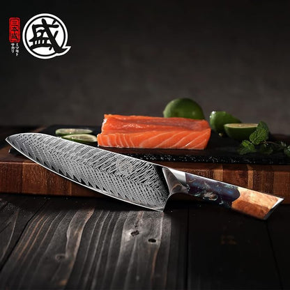 MITSUMOTO SAKARI 8.5-Inch Japanese Santoku Knife, VG-10 Damascus Steel | Wide Santoku blade for slicing, dicing and mincing, 67-layer VG-10 Damascus steel, maple wood handle, sandalwood box