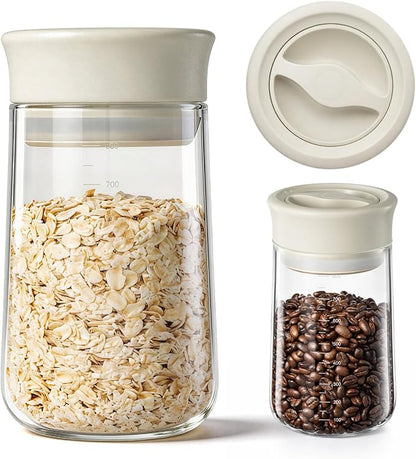 Upgraded Rotary Airtight Glass Jar with Lid, Borosilicate Coffee Storage Container, 800ml/27oz Stackable Pantry Organizer for Coffee Beans Grounds, Pasta, Flour, Nuts, Sugar, Candy, Snack