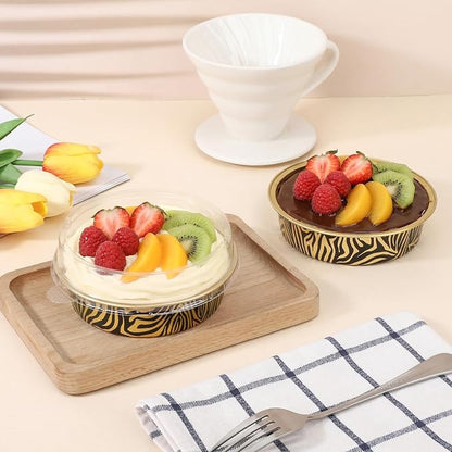 Beasea Disposable Cupcake Pans with Lids, 100 Pack 7.3oz Aluminum Baking Foil Tart Pie Tins, Small Round Tart Containers for Individual Dessert Muffin Cheesecake Quiche Oven Dishes - Tiger Stripes