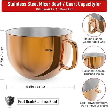 6QT Stainless Steel Mixer Bowl for Kitchenaid Stand Mixers, Kitchen Aid Mixing Bowl for 6QT Lift Mixer with Handle Copper
