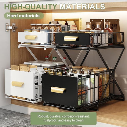 2 Tier Pull Out Pull out Cabinet Organizer with Adjustable Height, Under Sink Organizer, Slide out Pantry Shelves Drawer Storage for Kitchen Organization (Black, 2 Tier)