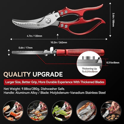 MAD SHARK Professional Heavy Duty Poultry Shears - Kitchen Shears for Spatchcocking Chicken and Meat Cutting, Multi-Purpose Kitchen Scissors for Food, Spring-loaded (Red)