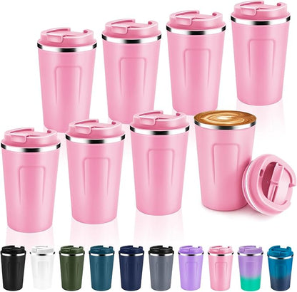 Volhoply 12 oz Double Wall Insulated Vacuum Travel Coffee Mug with Flip Lid Bulk 8 Pack,Reusable Stainless Steel Leak Proof Coffee Cup,Portable Cafe Thermal Tumblers for Hot & Cold Drinks(Pink,8 Set)