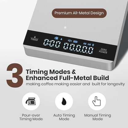 Maestri House S1 Mini Espresso Coffee Scale with Timer, Rechargeable 2kg/0.1g Precision Shot Scale for Espresso Brewing, Portable Digital Coffee Scale with Automatic Timing, Metal Finish-Silver