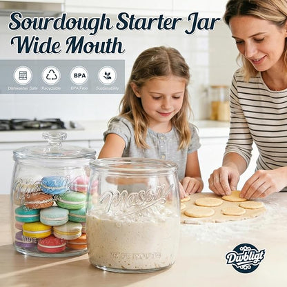 Half Gallon Cookie Jar, Glass Flour Sugar Storage Container for Kitchen Pantry & Laundry Room,Wide Mouth Mason Jar for Sourdough Starter, Candy, Flour, Dog Treats, Coffee - Set of 1