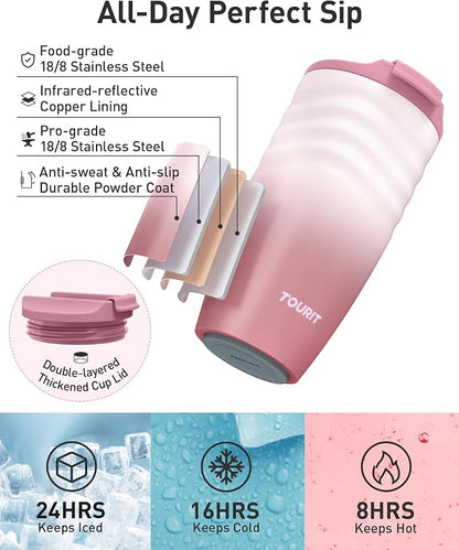 TOURIT 16 oz Travel Coffee Mug, Vacuum Insulated Stainless Steel Tumbler with Ripple-Wave Anti-Slip Grip, Built-in Silicone Bottom for Quiet & Stable, Leak-Proof Lid, Fits Car Cup Holder, Mist Purple