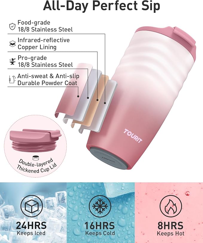 TOURIT 12 oz Travel Coffee Mug, Vacuum Insulated Stainless Steel Tumbler with Ripple-Wave Anti-Slip Grip, Built-in Silicone Bottom for Quiet & Stable, Leak-Proof Lid, Fits Car Cup Holder, Light khaki