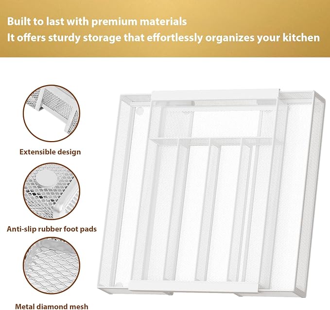 Sedegn Expandable Kitchen Utensil Organizer - 9.6" to 16.1" Adjustable Cutlery Tray with 5-7 Compartments - Fits Various Drawer Sizes & Holds Large Ladles Spatulas Forks Spoons & Knives White