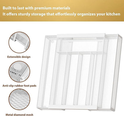 Sedegn Expandable Kitchen Utensil Organizer - 9.6" to 16.1" Adjustable Cutlery Tray with 5-7 Compartments - Fits Various Drawer Sizes & Holds Large Ladles Spatulas Forks Spoons & Knives White