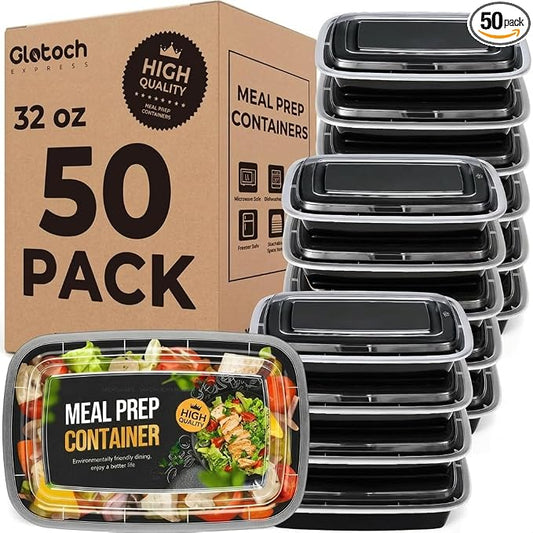Glotoch Meal Prep Containers 32oz 50 Pack(100 Piece) with Lids, Plastic Food Storage Containers Reusable, Bento Boxes for Portion Control,Takeout, Lunch, Salad, Microwave/Freezer/Dishwasher safe