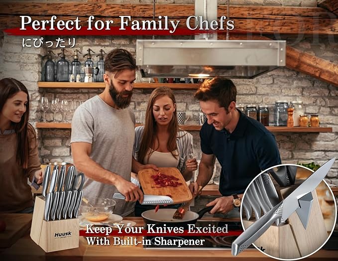 Huusk Knife Set with Block and Sharpener, 14 Pcs Japanese Stainless Steel Kitchen Knife Sets, Sharp Silver Professional Knives Set with Box for Kitchen, Gifts for Men Women