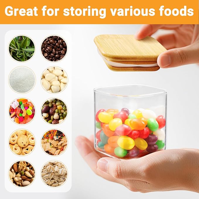 Glass Jar with Lid Set of 4, 4 Fl.oz Square Glass Storage Jars with Bamboo Lids, Clear Spice Container Seasoning Canister for Sugar Coffee Tea - Included Label Sticker, Spoon and Marker