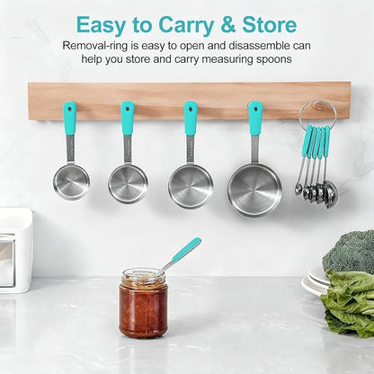 Bopei Measuring Cups and Spoons Set Stainless Steel 10 Piece for Cooking and Baking (5 Cups + 5 Spoons, Aqua Sky Handle)