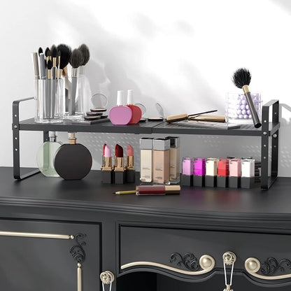 Expandable Cabinet Shelf Organizer Adjustable Metal Spice Rack Stackable Freestanding Counter Storage Shelves for Kitchen Cabinet Under Sink Office Desk (Black - 1Pack - L16.5-27'' * W8'' * H9.6'')