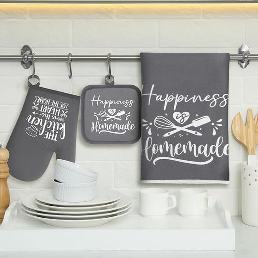 Sratte 6 Pcs Kitchen Decor Accessories Set Farmhouse Towels Pot Holders Oven Mitts Set 2 Dish Towels 2 Potholders 2 Cooking Mittens Oven Glove for Christmas Baking Cooking Supply(Dark Gray,Kitchen)
