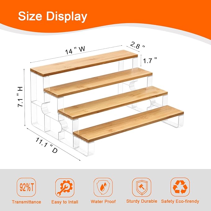 junyuan Spice Rack Organizer for Cabinet,4 Tier Spice Organization for Kitchen,Bathroom Organizers and Storage,Seasoning Countertop Shelf,Bamboo Display Shelves Racks,Clear 14"
