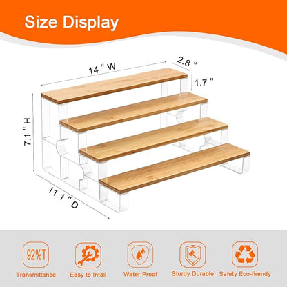 junyuan Spice Rack Organizer for Cabinet,4 Tier Spice Organization for Kitchen,Bathroom Organizers and Storage,Seasoning Countertop Shelf,Bamboo Display Shelves Racks,Clear 14"