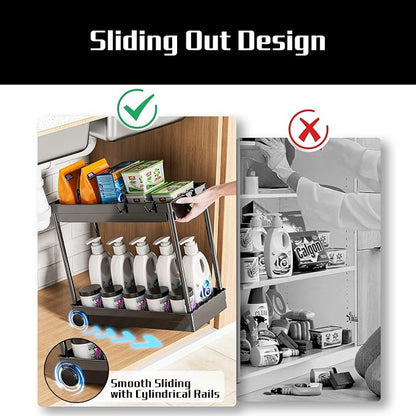 Cicilyna 2 Pack Under Sink Organizer, 2 Tier Bathroom Cabinet Organizers and Storage with Hook, Multi-purpose Storage Basket Shelf for Kitchen, Black