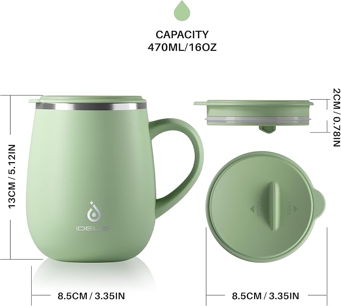 Ideus 16 oz Insulated Coffee Mug with Handle and Lid, Double Wall Stainless Steel Vacuum Thermal Coffee Mug, Travel Coffee Cup Thermal Cup for Home and Office, Avocado Green