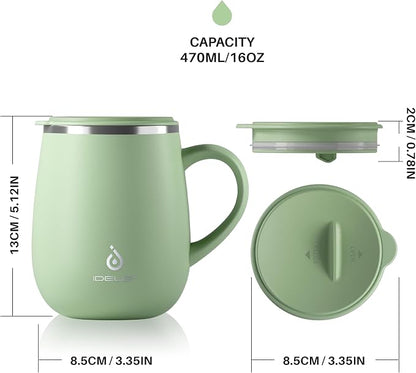 Ideus 16 oz Insulated Coffee Mug with Handle and Lid, Double Wall Stainless Steel Vacuum Thermal Coffee Mug, Travel Coffee Cup Thermal Cup for Home and Office, Avocado Green