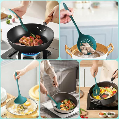 5-Piece Silicone Cooking Utensil Set, Food Grade Non-Stick Spatula and Ladle Set for Kitchen - Dishwasher Safe, Heat Resistant, Easy to Clean (Deep Green)